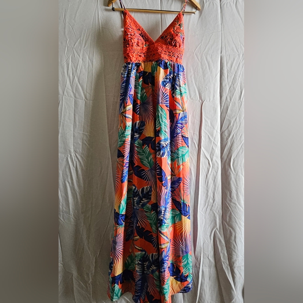 She + Sky Orange and Blue Maxi Dress Detailing Crochet Top